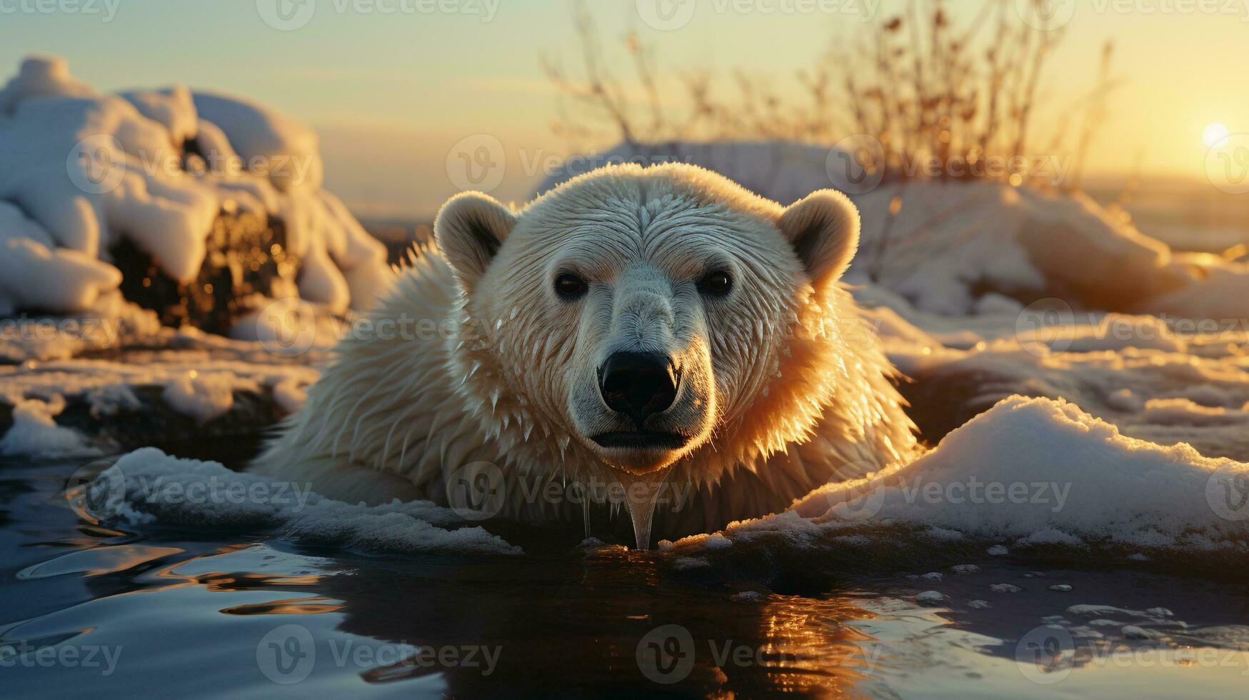 ai généré une photo de une polaire ours échoué sur une rapidement fusion la glace banquise dans le Arctique océan à lever du soleil. génératif ai