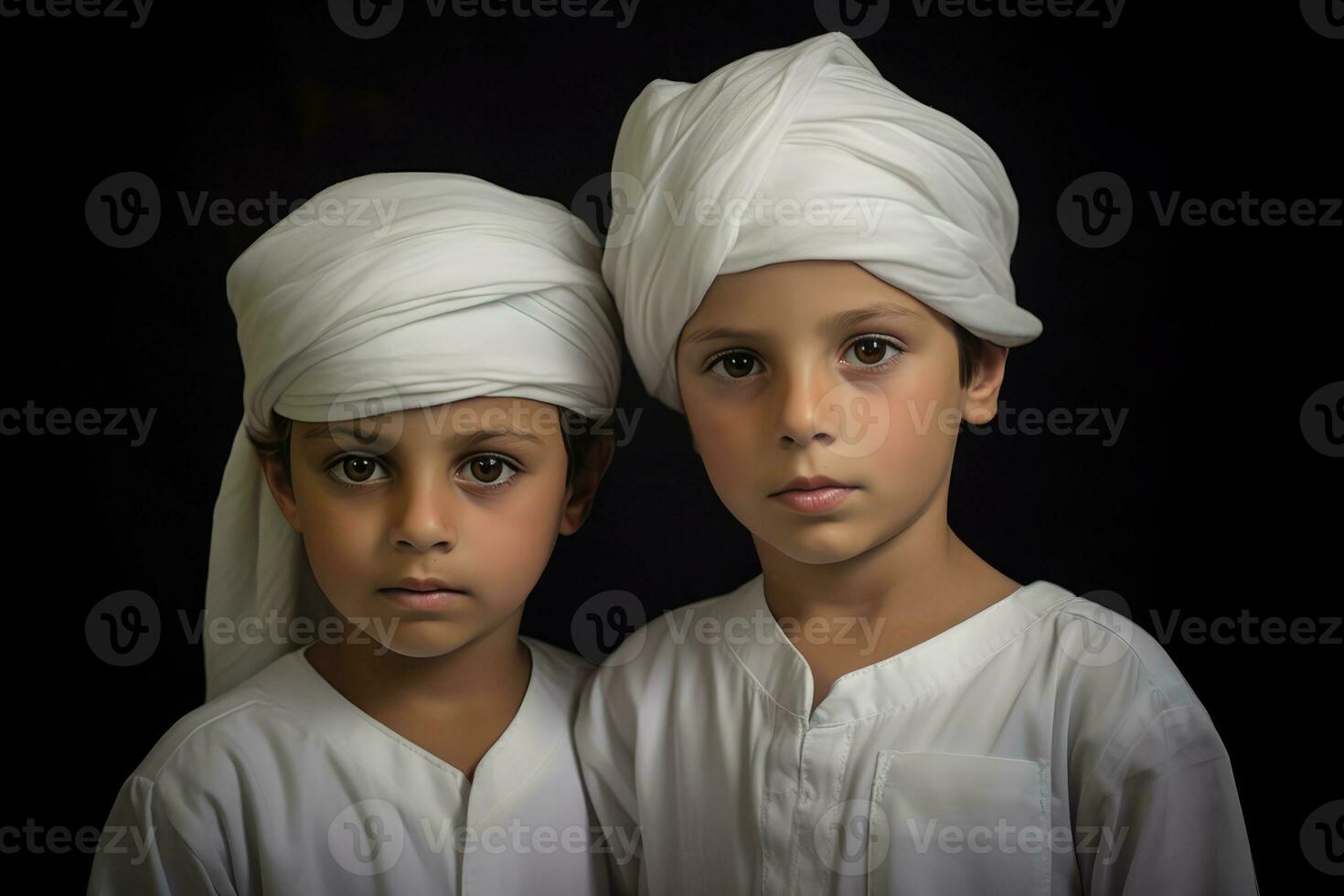 ai généré deux Jeune garçons portant blanc turbans photo