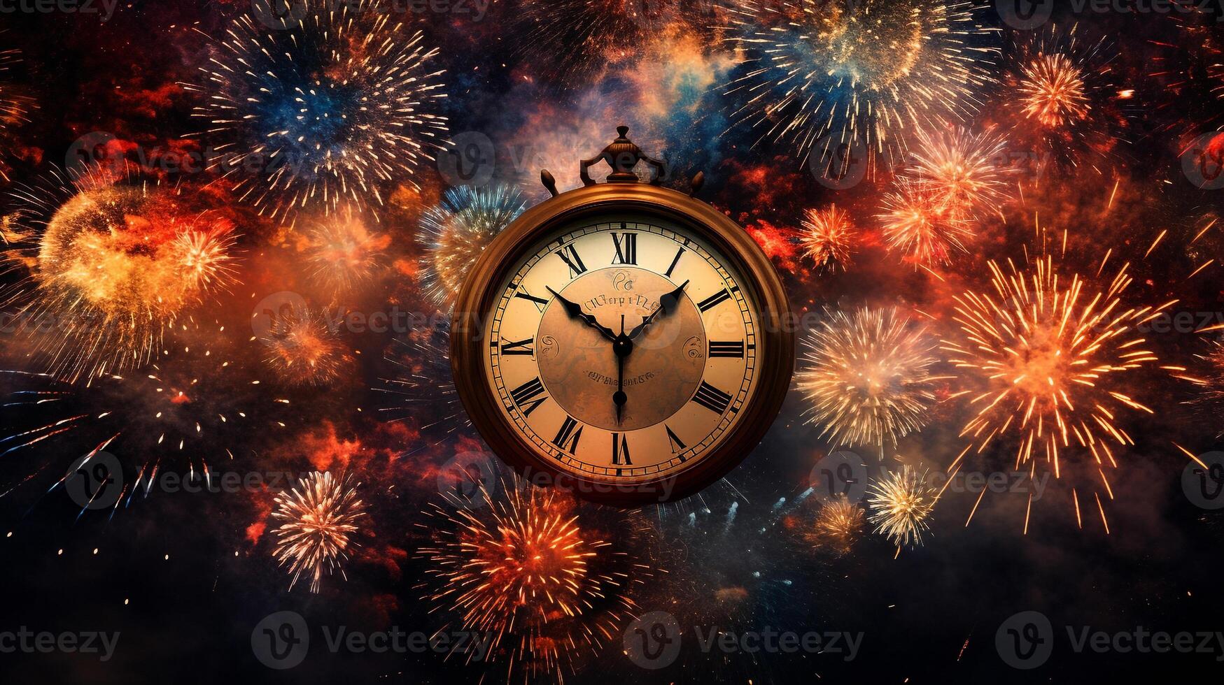 ai généré photographier une étourdissant afficher de feux d'artifice éclairage en haut le nuit ciel comme le l'horloge grèves minuit sur Nouveau années veille. génératif ai photo