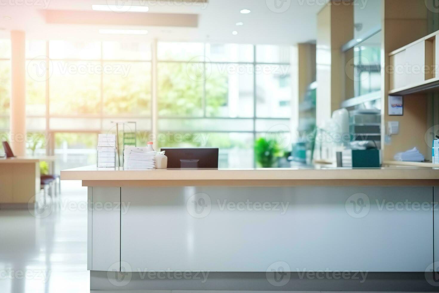 ai généré une doucement concentré image de une moderne Bureau hall avec une accueil bureau, ordinateur, et Téléphone, baigné dans chaud lumière du soleil, convoyer une accueillant atmosphère pour visiteurs. photo