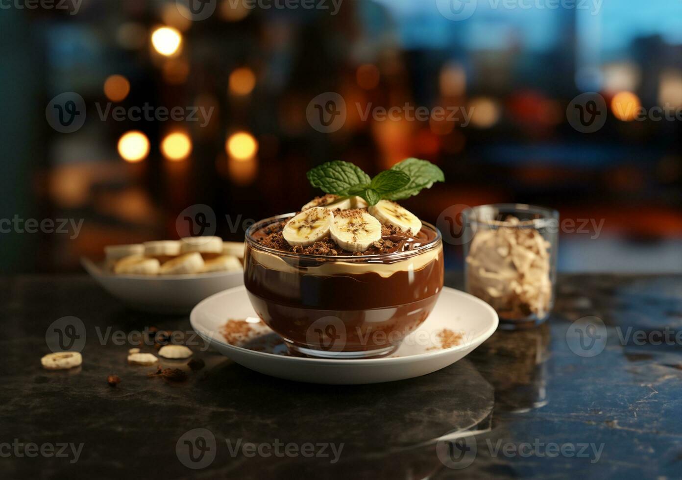ai généré Chocolat pudding avec banane sur foncé Contexte photo