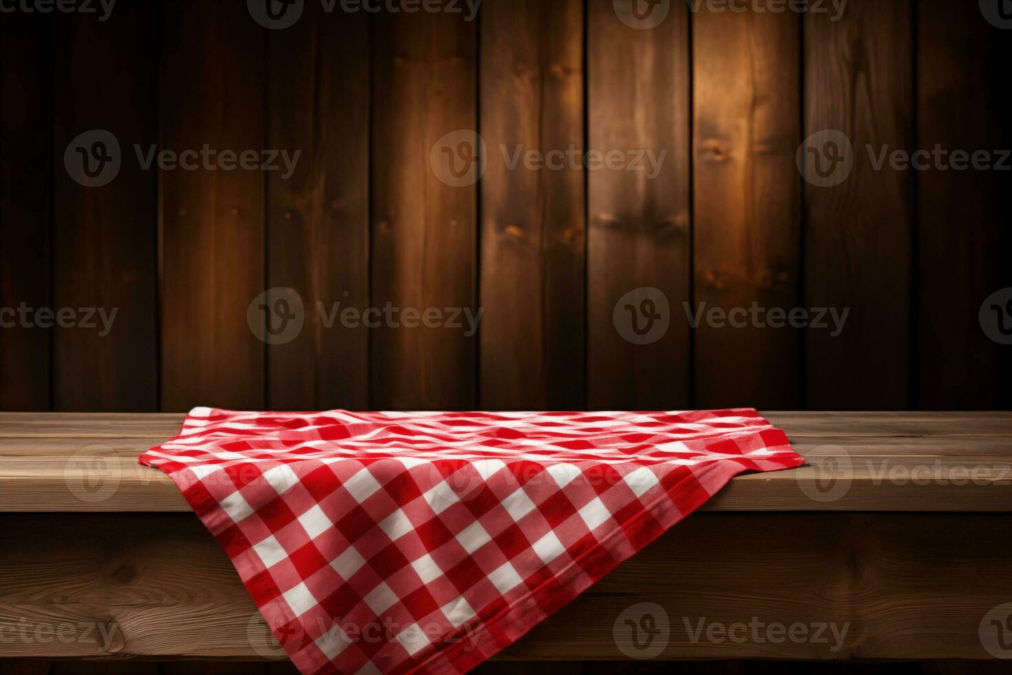 ai généré une rouge à carreaux nappe de table sur une en bois tableau, ensemble contre une en bois Contexte photo