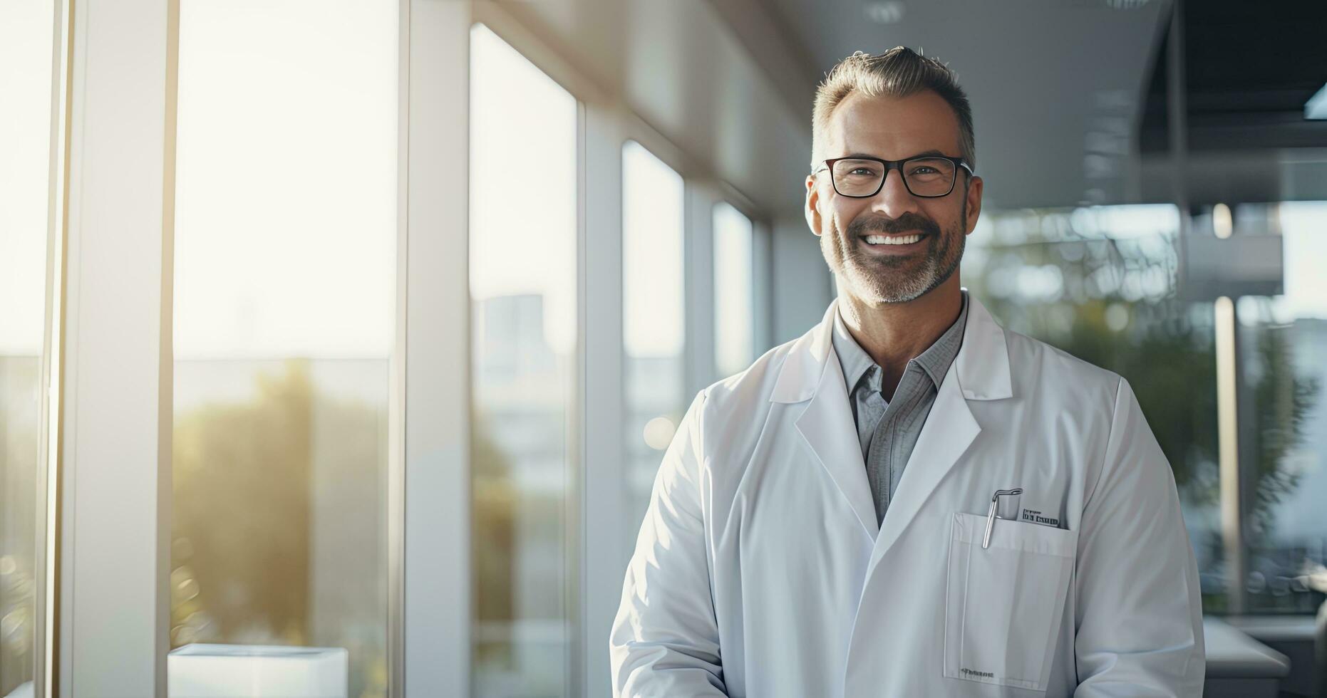 ai généré portrait de mature Masculin médecin portant blanc manteau permanent dans hôpital laboratoire photo