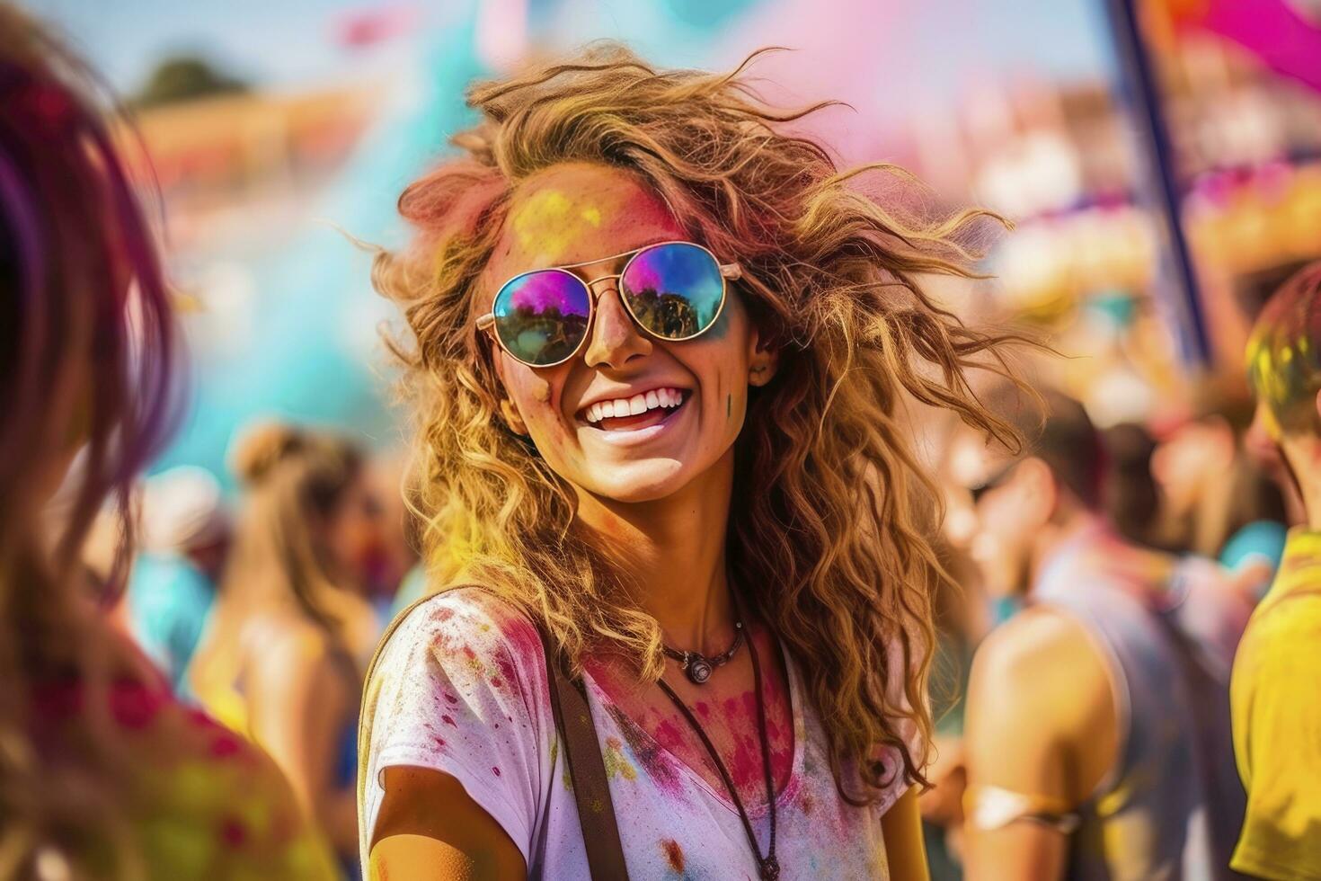 ai généré portrait de souriant Jeune femme portant des lunettes de soleil couvert avec Holi Couleur photo