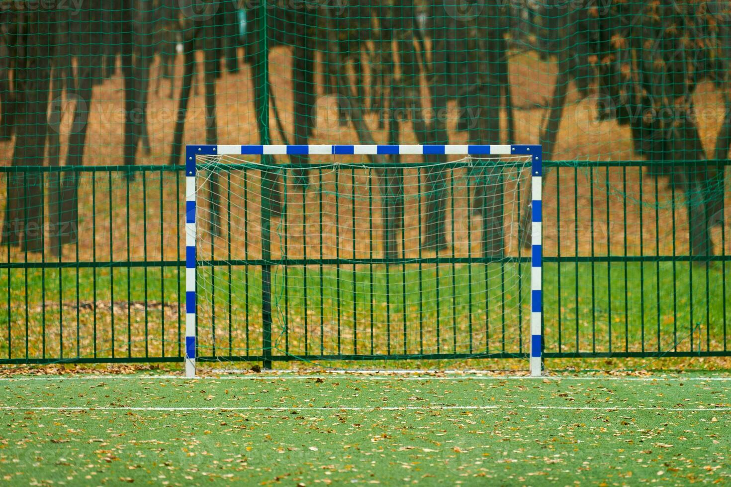 gazon artificiel, couverture de terrain de sport avec but de football photo