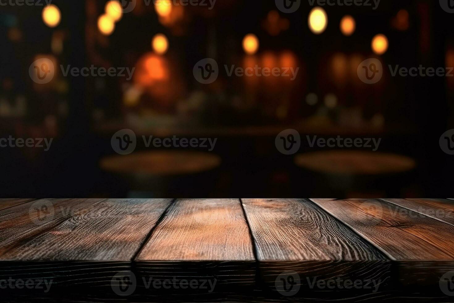 ai généré bois table avec chaud lumières Contexte photo