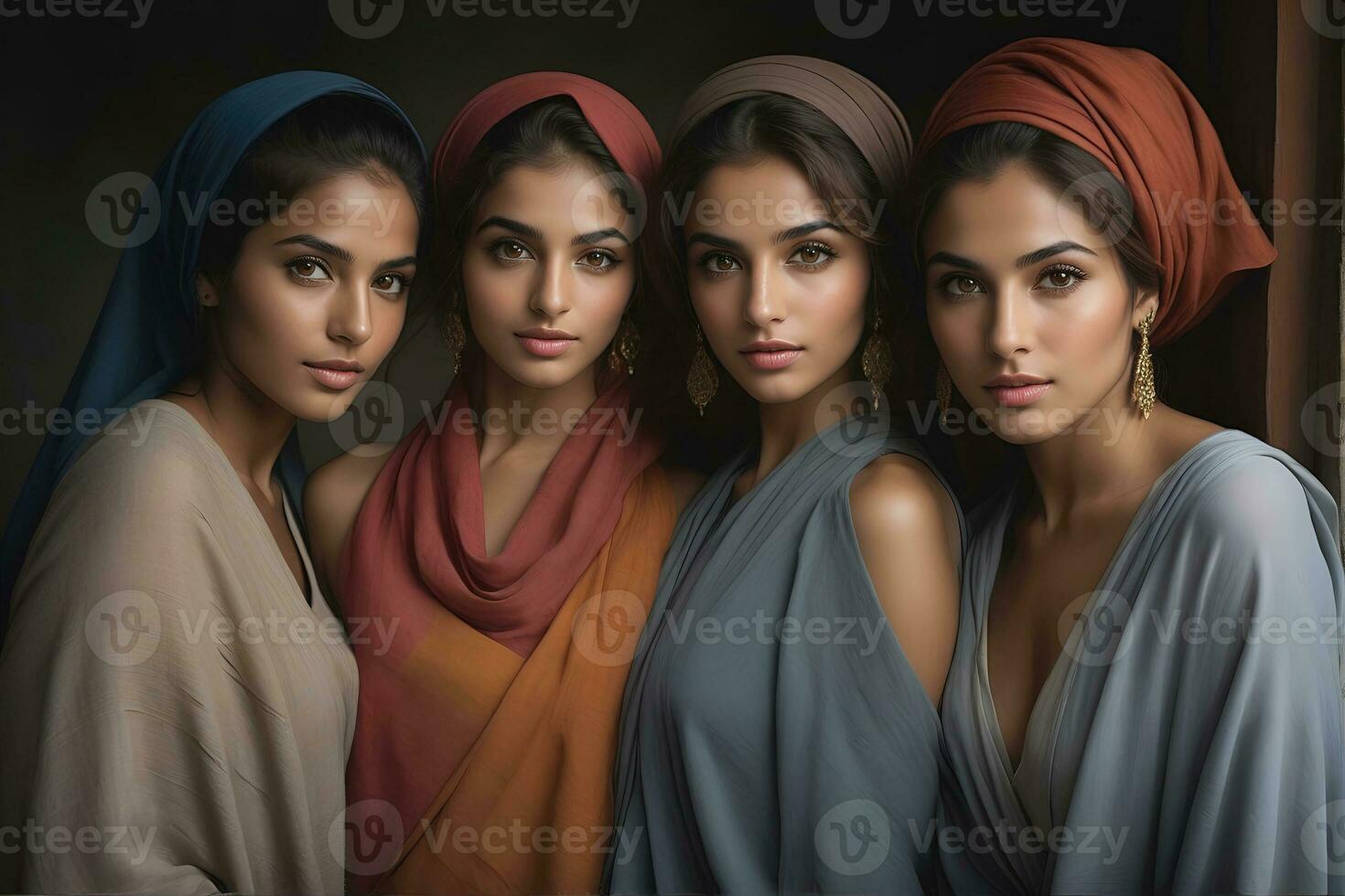 ai généré magnifique groupe de les musulmans femmes souriant et en riant portant une hijab et décoré châle photo