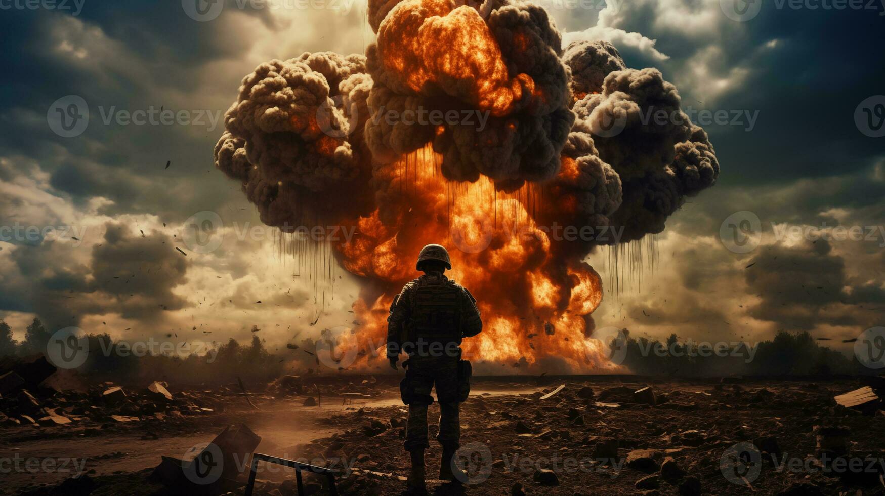 ai généré une soldat a été permanent et en train de regarder une énorme explosion dans le milieu de le champ de bataille. photo