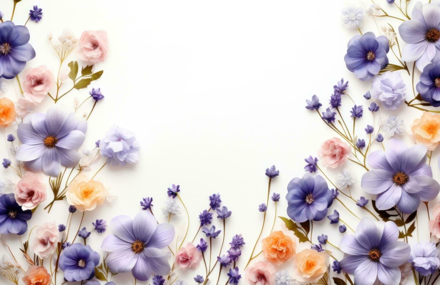 ai généré une fleur frontière avec bleu et violet fleurs photo