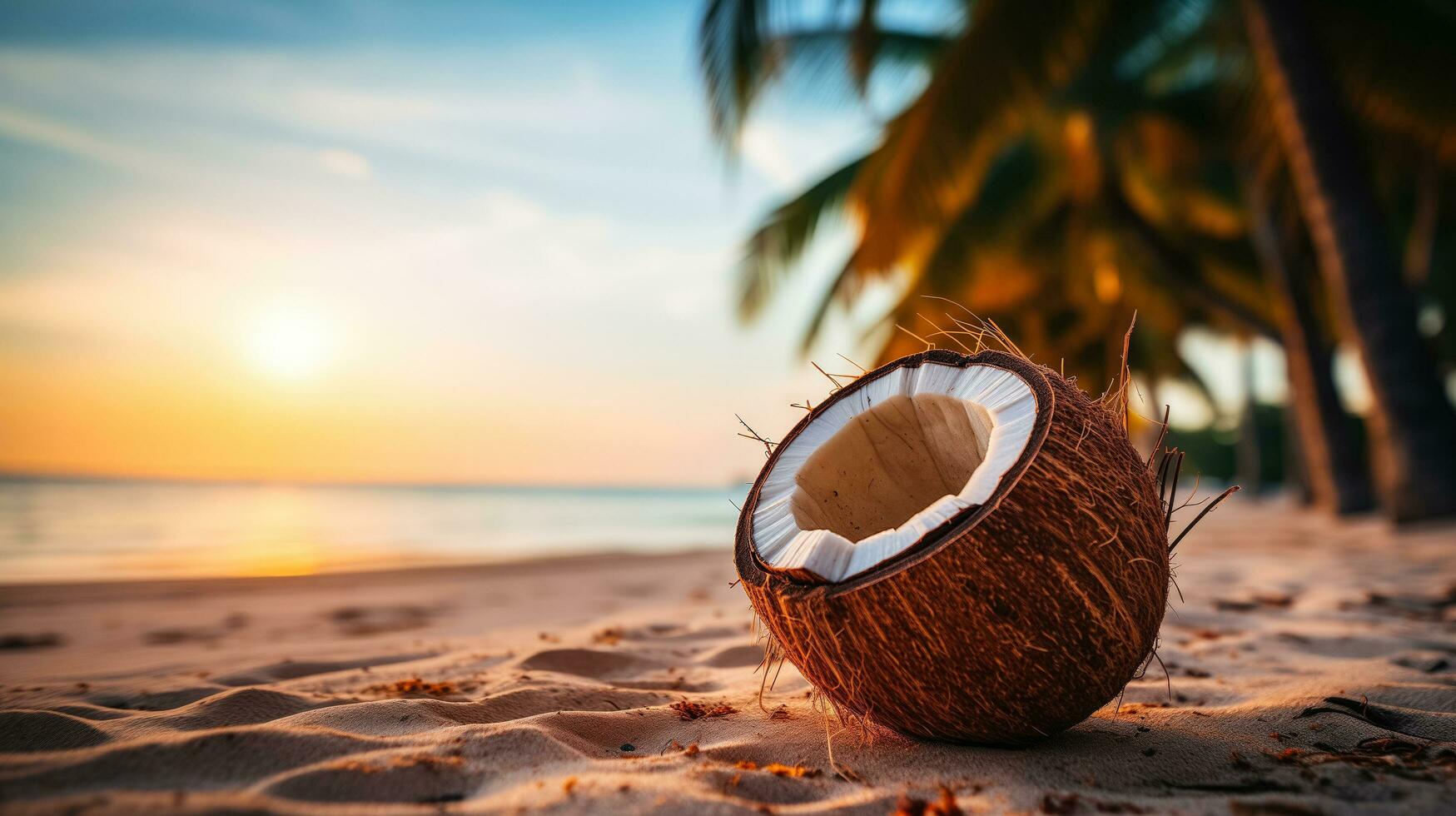 ai généré le coucher du soleil sur une tropical plage avec une noix de coco et espace pour texte photo