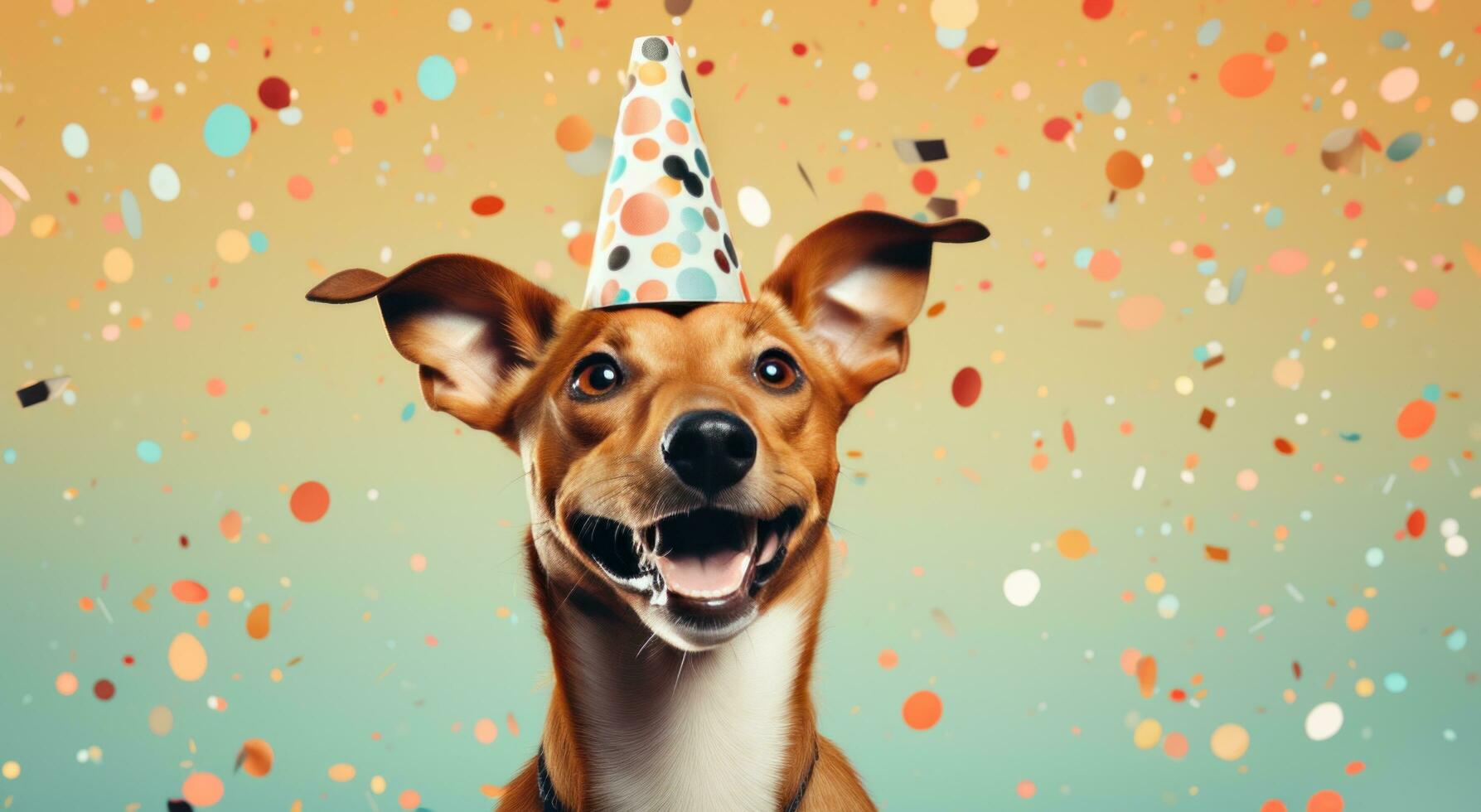 ai généré une bronzer chien avec une fête chapeau dans de face de confettis photo