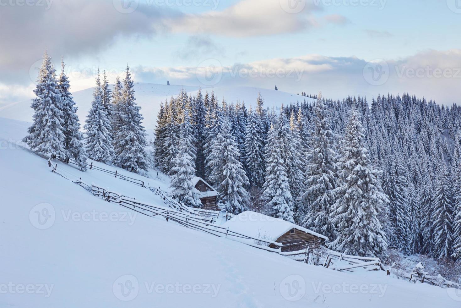 fantastique paysage hivernal, les marches qui mènent à la cabane. événement magique en journée glaciale. en prévision des vacances. scènes dramatiques. carpates, ukraine, europe photo