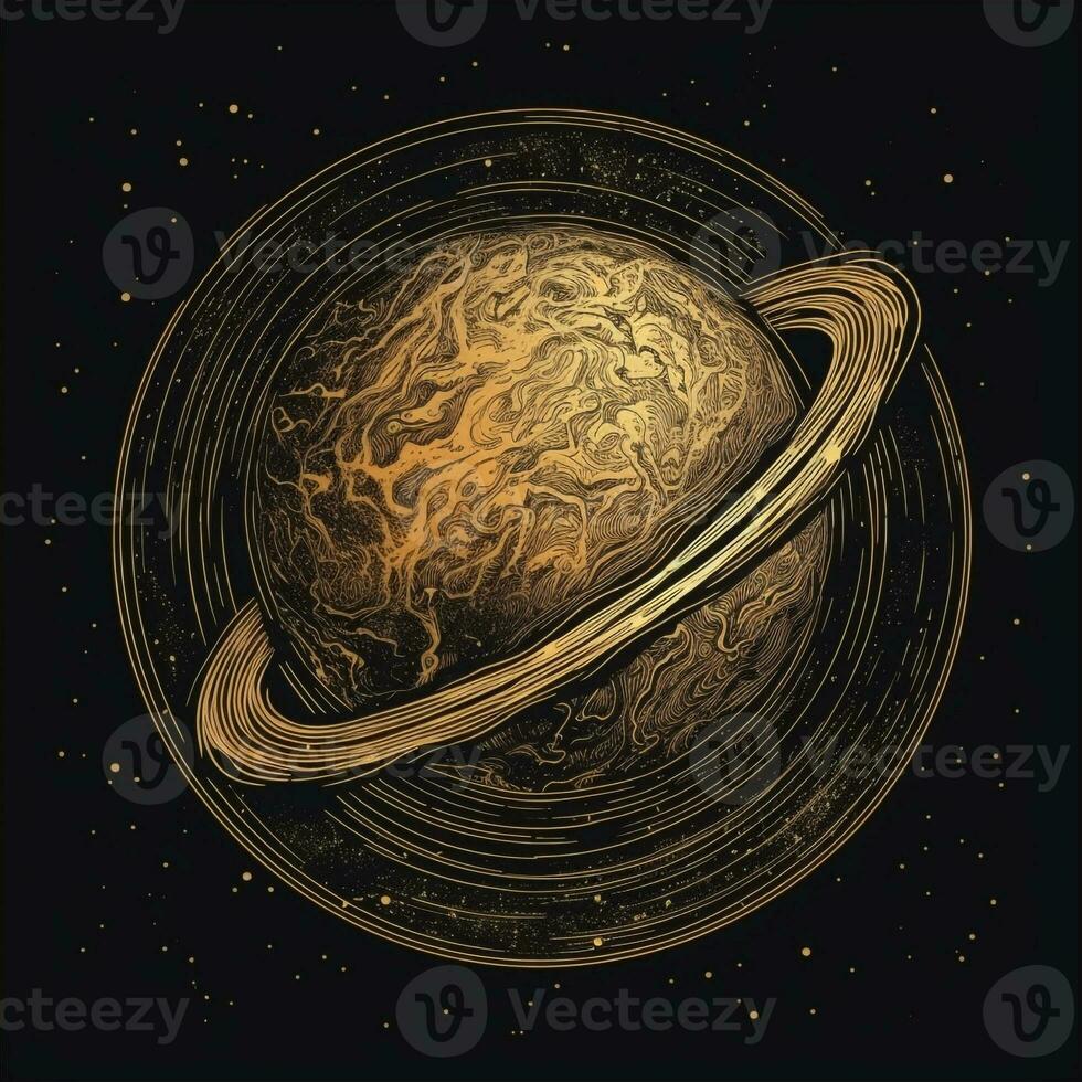 ai généré vague logo avec une planète dans or sur une noir Contexte. génératif ai photo