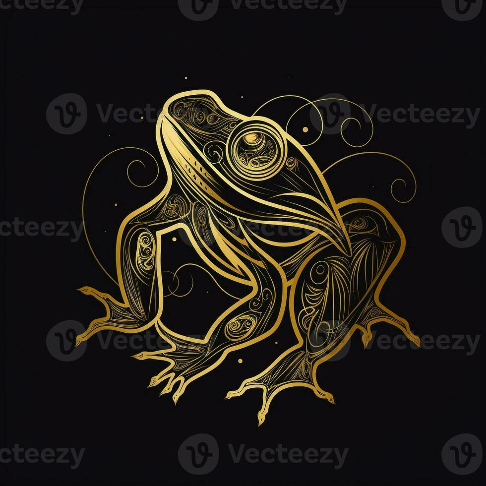 ai généré vague logo avec une grenouille dans or sur une noir Contexte. génératif ai photo