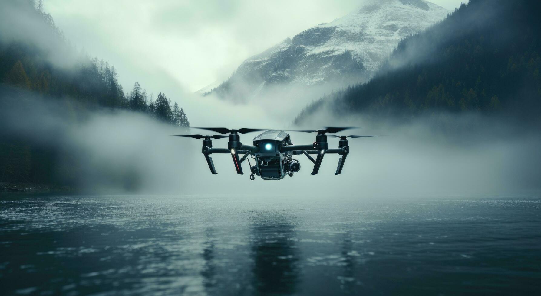 ai généré homme en volant drone autour nuageux Montagne l'eau photo