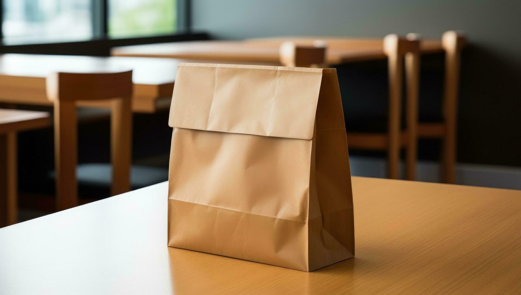 ai généré papier sac sur en bois comptoir, photo