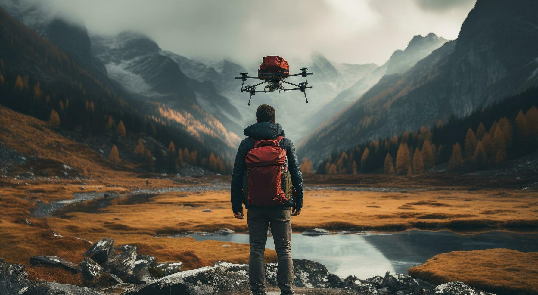 ai généré gars dans sac à dos et drone dans Montagne Voyage photo