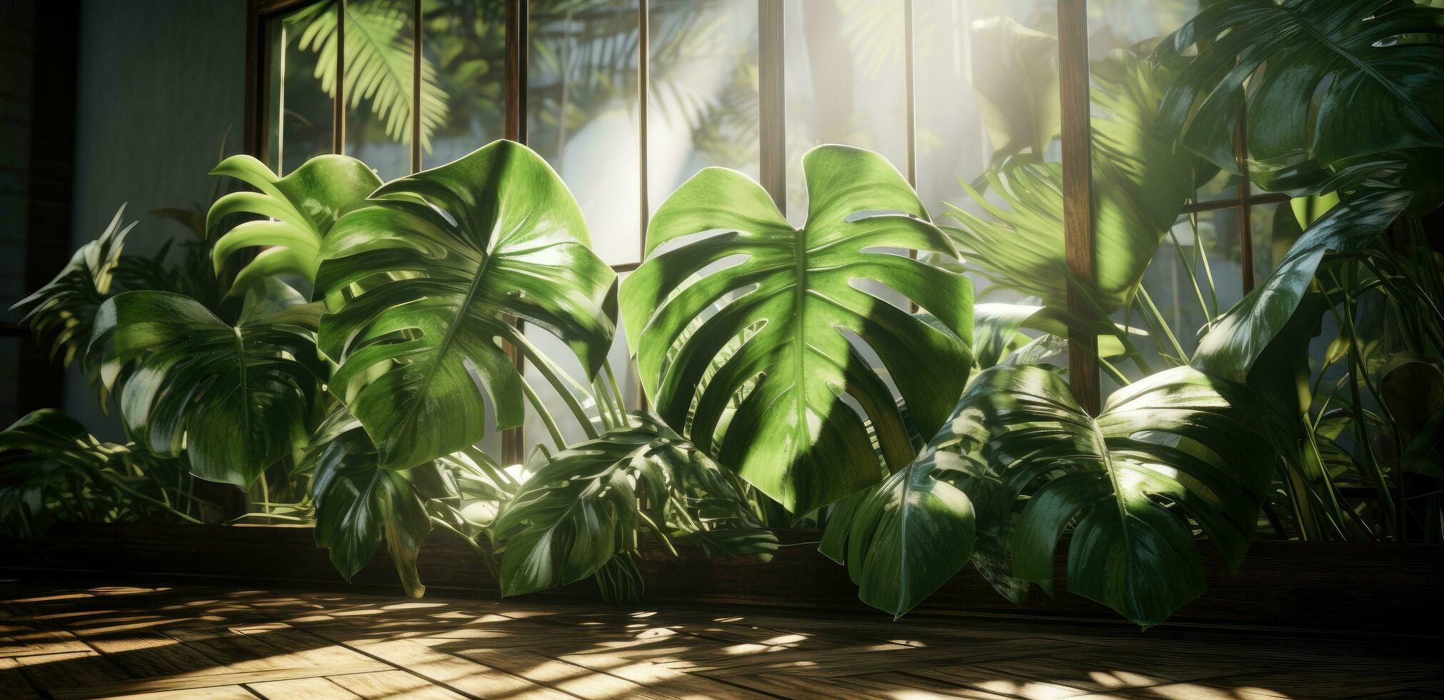 ai généré le monstera feuille plante est dans une pièce avec lumière du soleil photo
