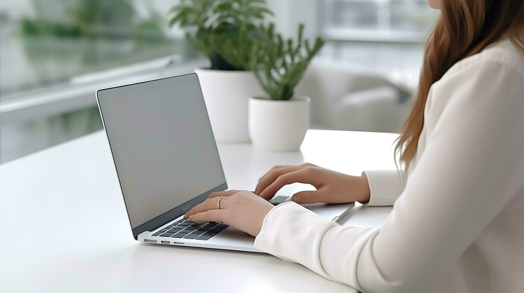 ai généré travail sur lisse portable dans brillant Bureau avec vert les plantes photo