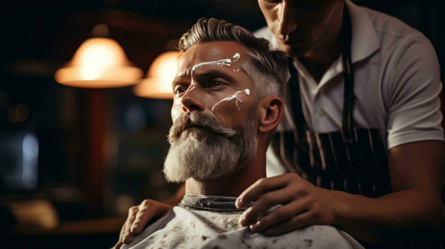 ai généré barbier visage comme il s'applique rasage crème à une du client cou, photo