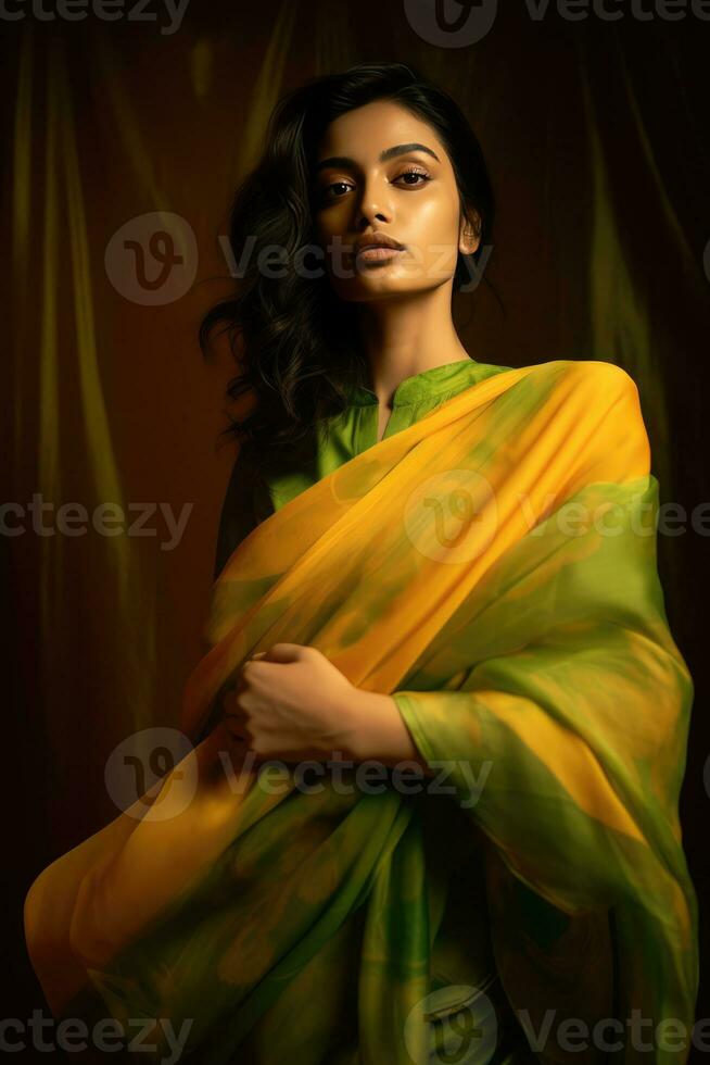 ai généré un Indien femme drapé dans une Jaune ou couleur or écharpe ou châle, avec foncé cheveux. photo