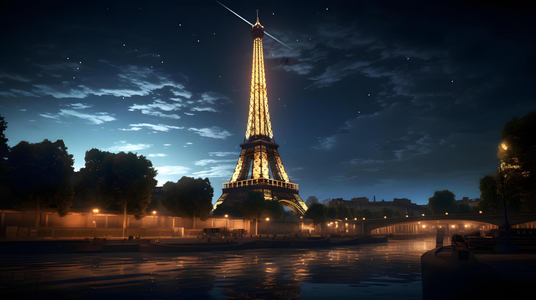 ai généré nuit vue de le Eiffel la tour de le champion de Mars photo