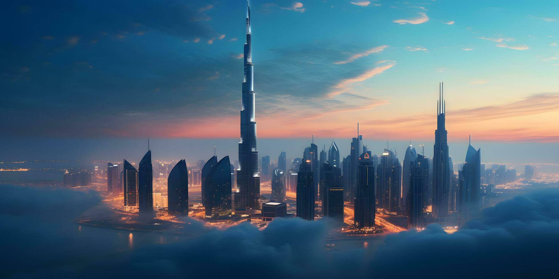 ai généré aérien vue aérien vue de Dubai ville horizon à nuit, uni arabe émirats photo