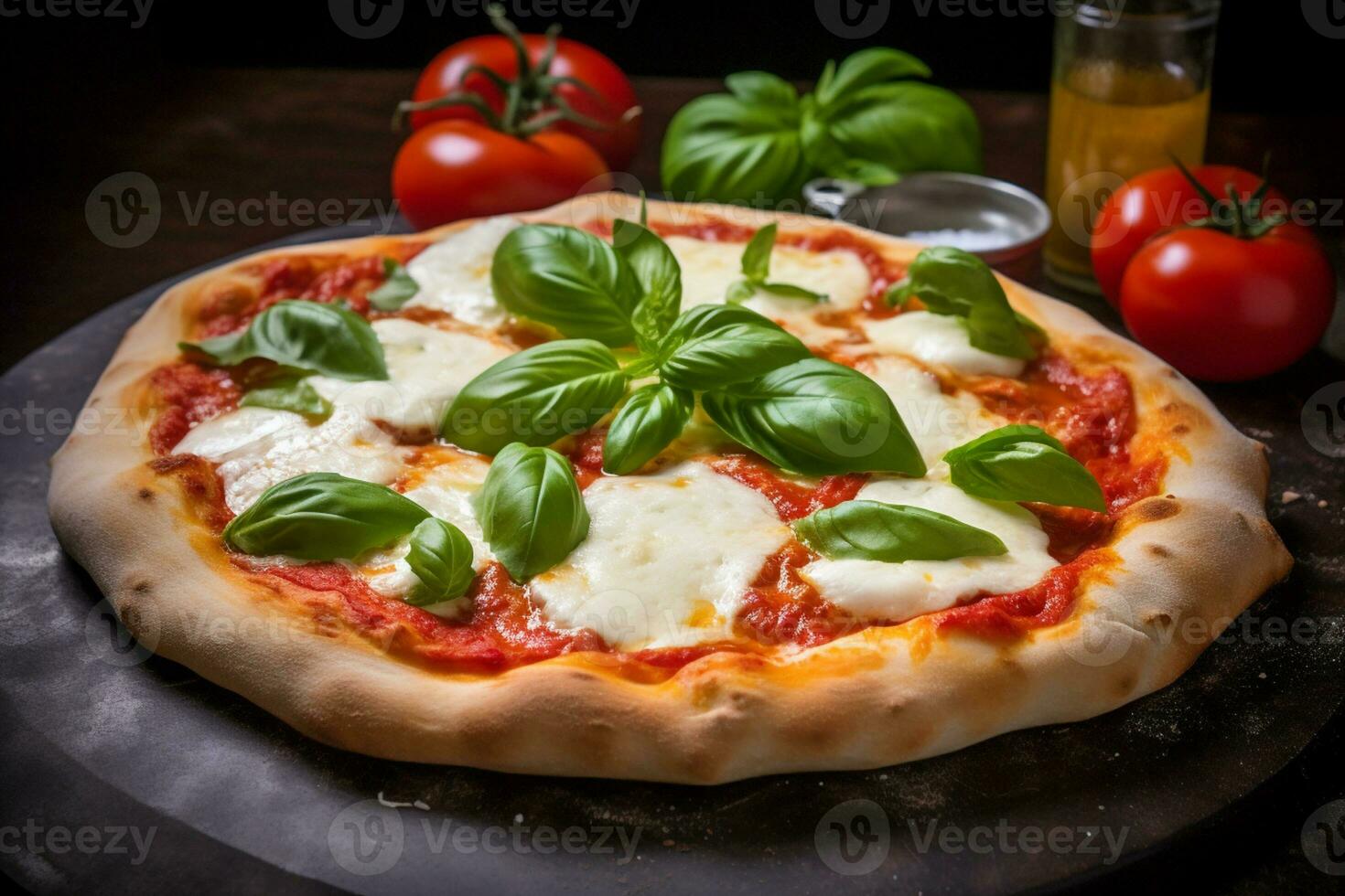 ai généré Frais juteux Pizza avec mozzarella fromage, tomates, et basilic herbes sur une noir Contexte photo