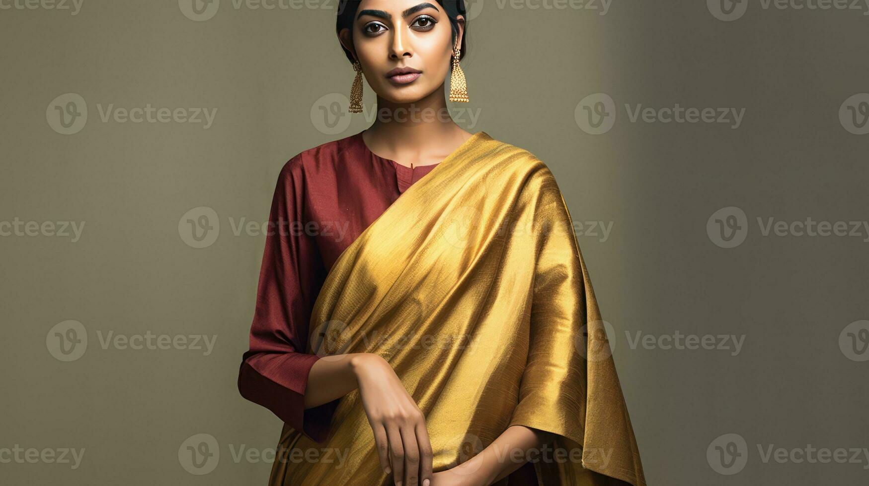 élégant Indien femme portant traditionnel Jaune et rouge sari photo