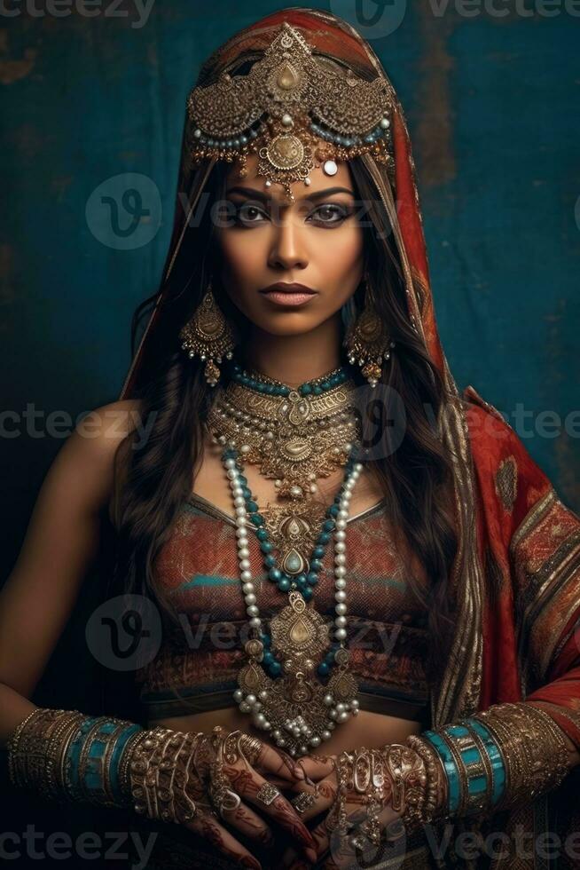 ai généré est Indien femme orné avec traditionnel bijoux et robe photo