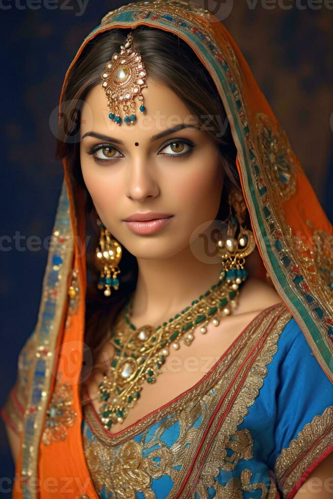 ai généré magnifique Indien femme portant traditionnel tenue photo