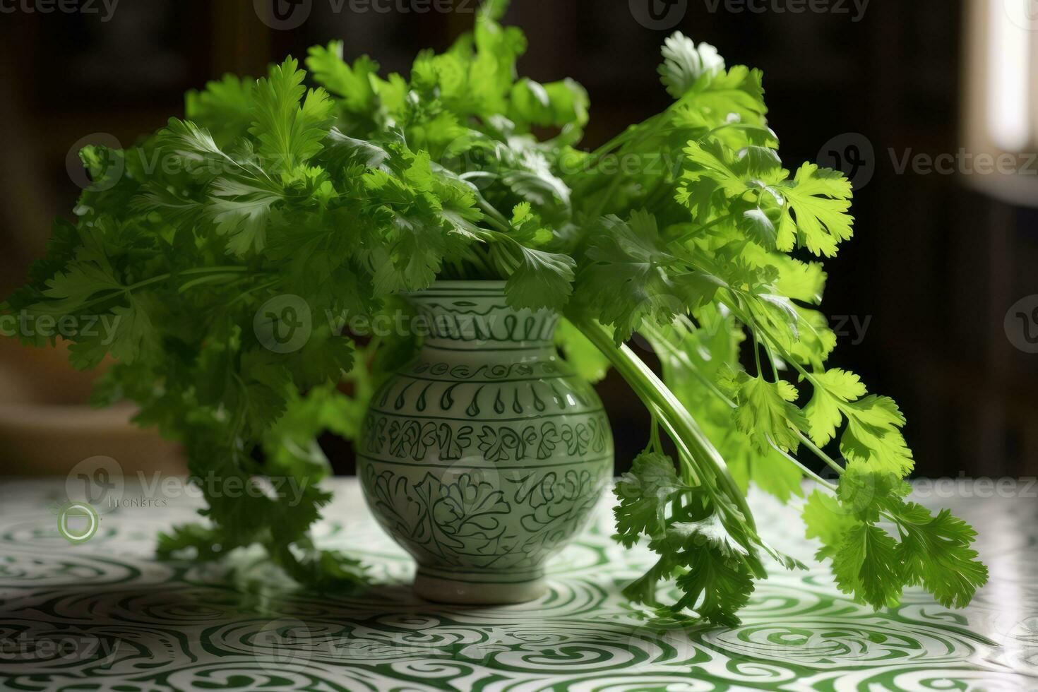ai généré Frais vert herbes dans une décoratif vase photo