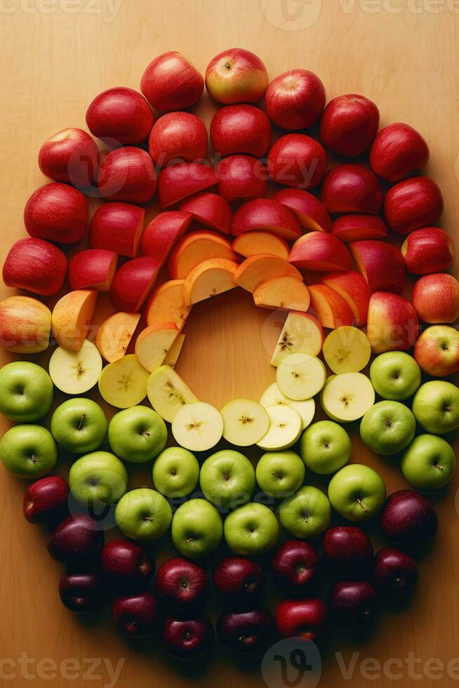 ai généré fruit art cercle - coloré arrangement de pommes et des oranges sur une blanc Contexte photo