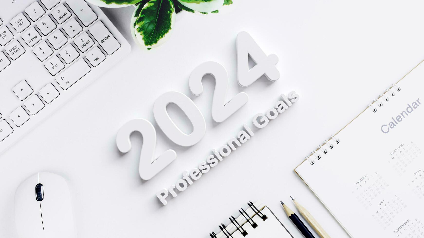 Haut vue de Nouveau années calendrier page sur bureau Bureau avec professionnel buts et faire liste carnet. des idées pour Planification et développement personnel Planification dans le organisation pour départ le Nouveau année 2024 photo