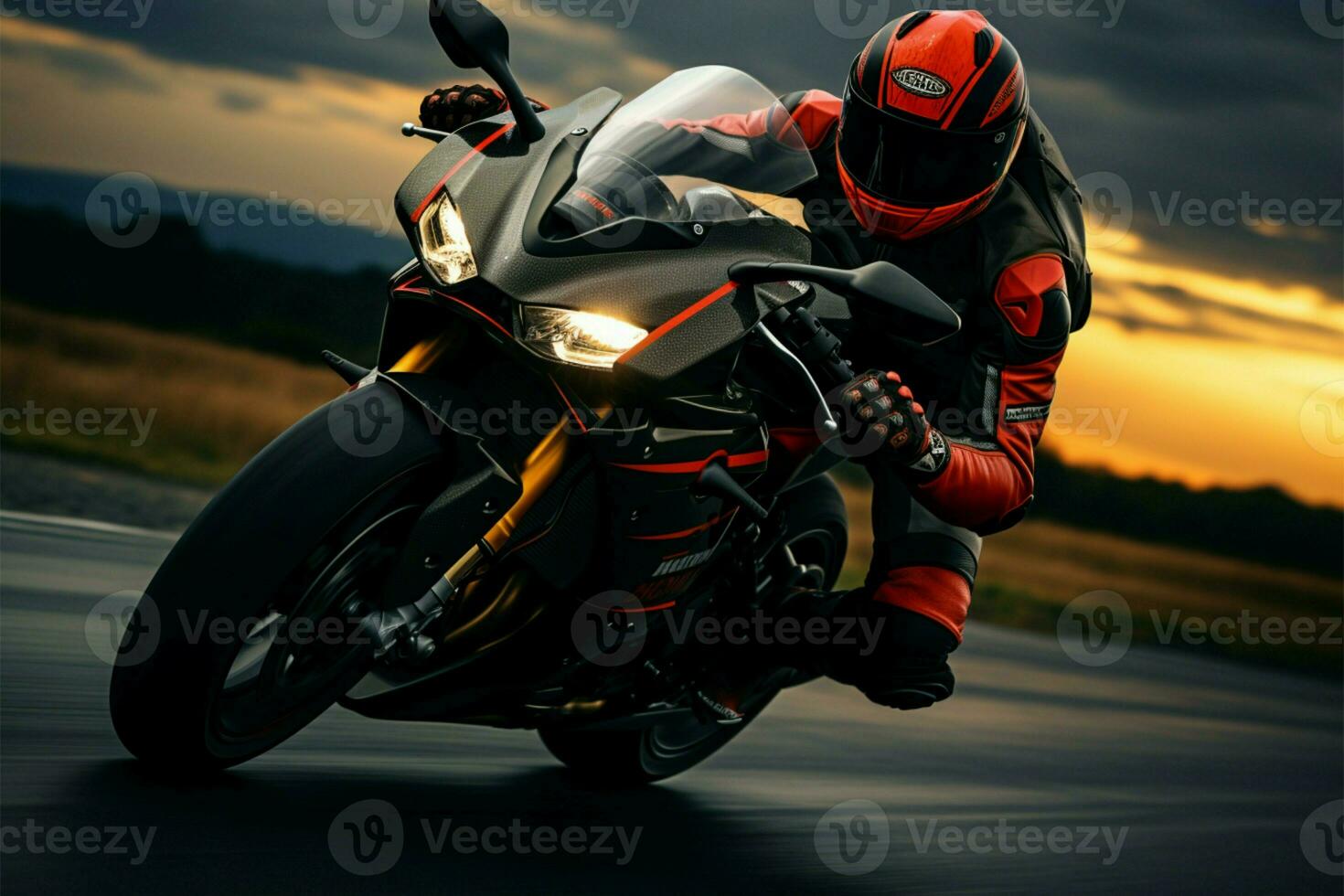ai généré Autoroute élégance moto cavalier sur le route à coucher de soleil, sport photo