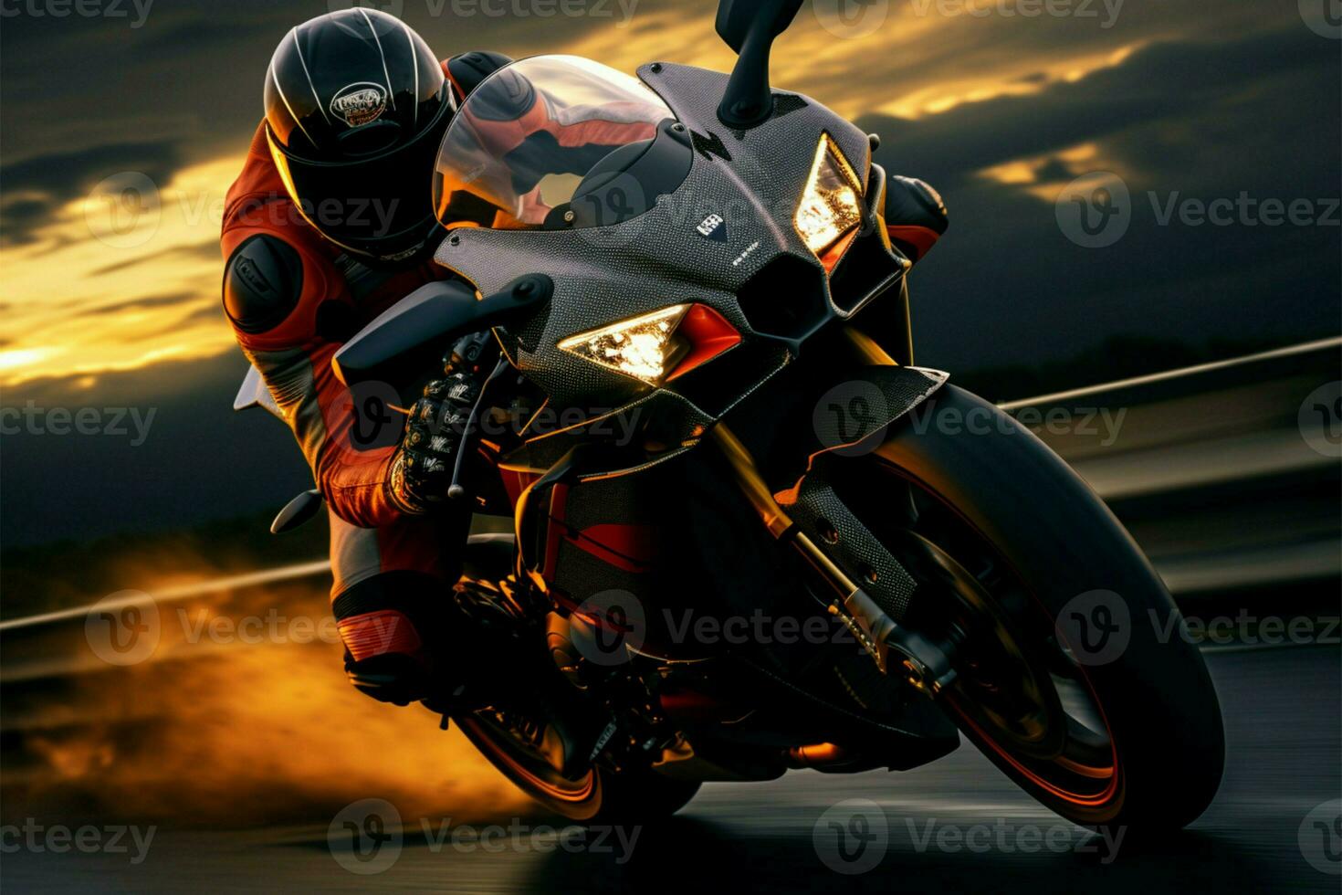 ai généré Autoroute élégance moto cavalier sur le route à coucher de soleil, sport photo