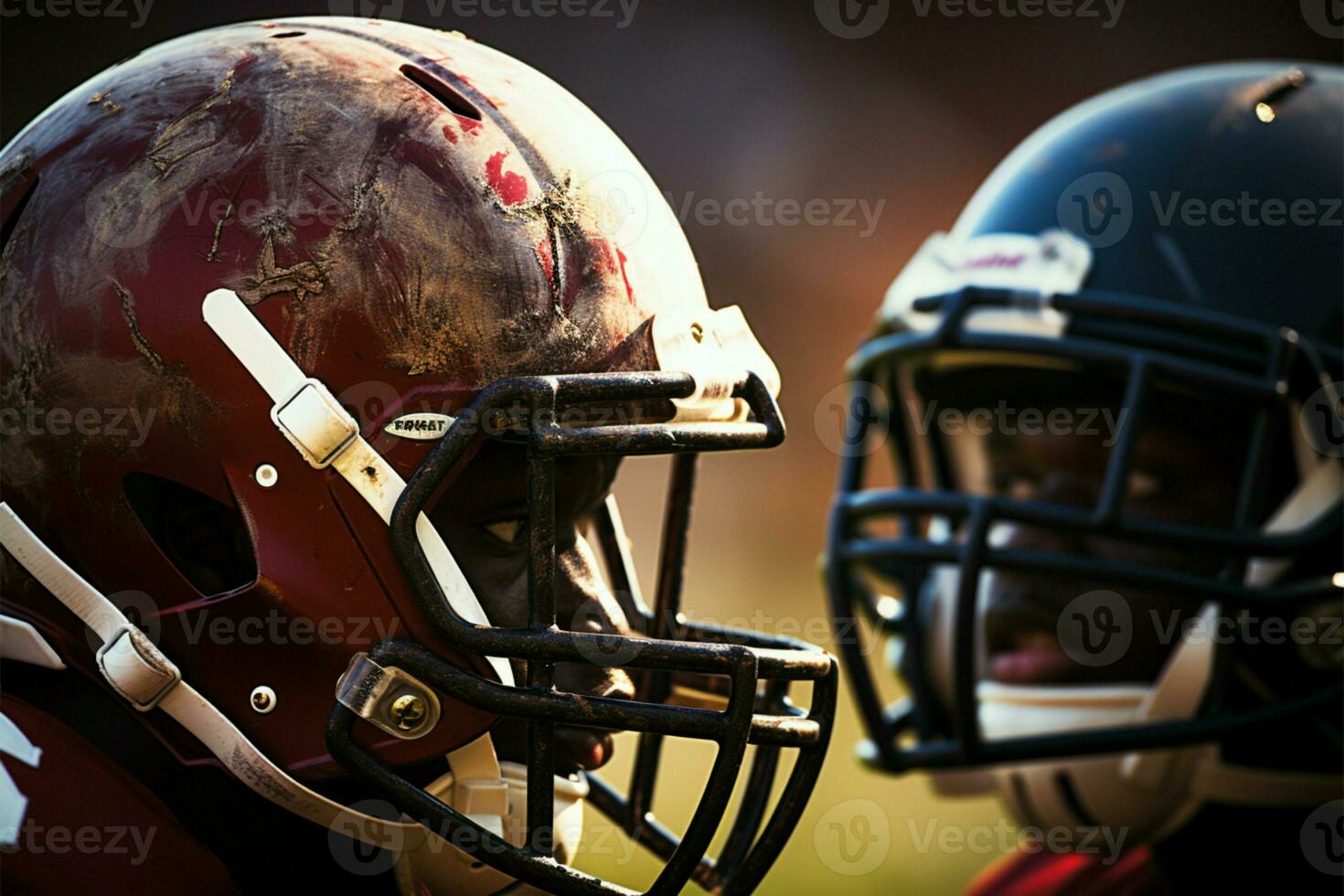 ai généré champ action américain Football et casque sur le intense en jouant champ photo