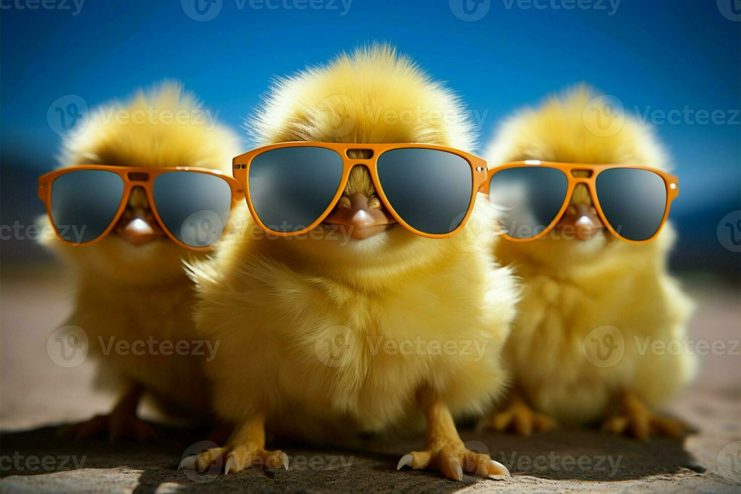 ai généré cool poussin petit Jaune la volaille portant des lunettes de soleil, content ferme bébé photo