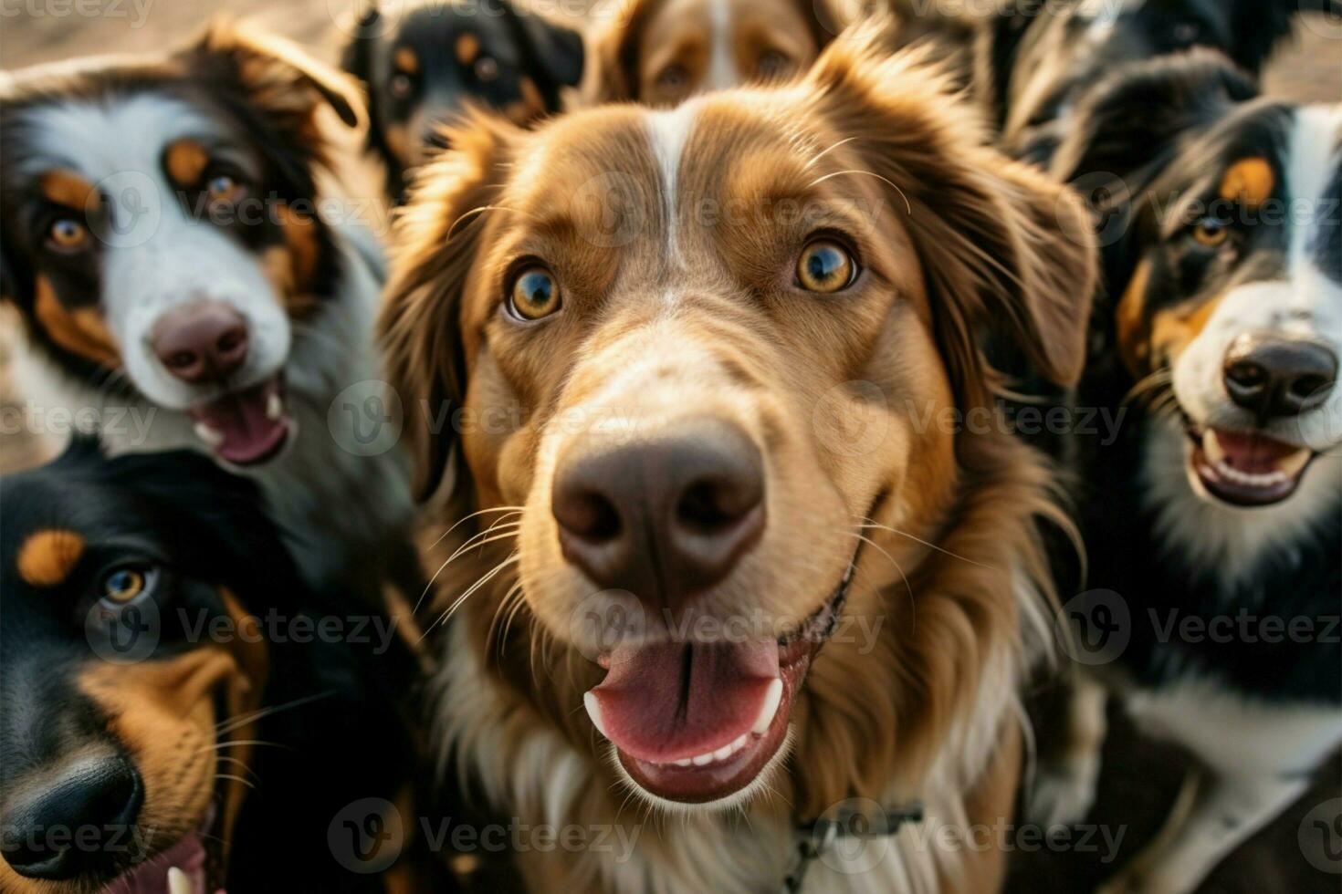 ai généré chienchien instantané une selfie avec une animé groupe de chiens photo