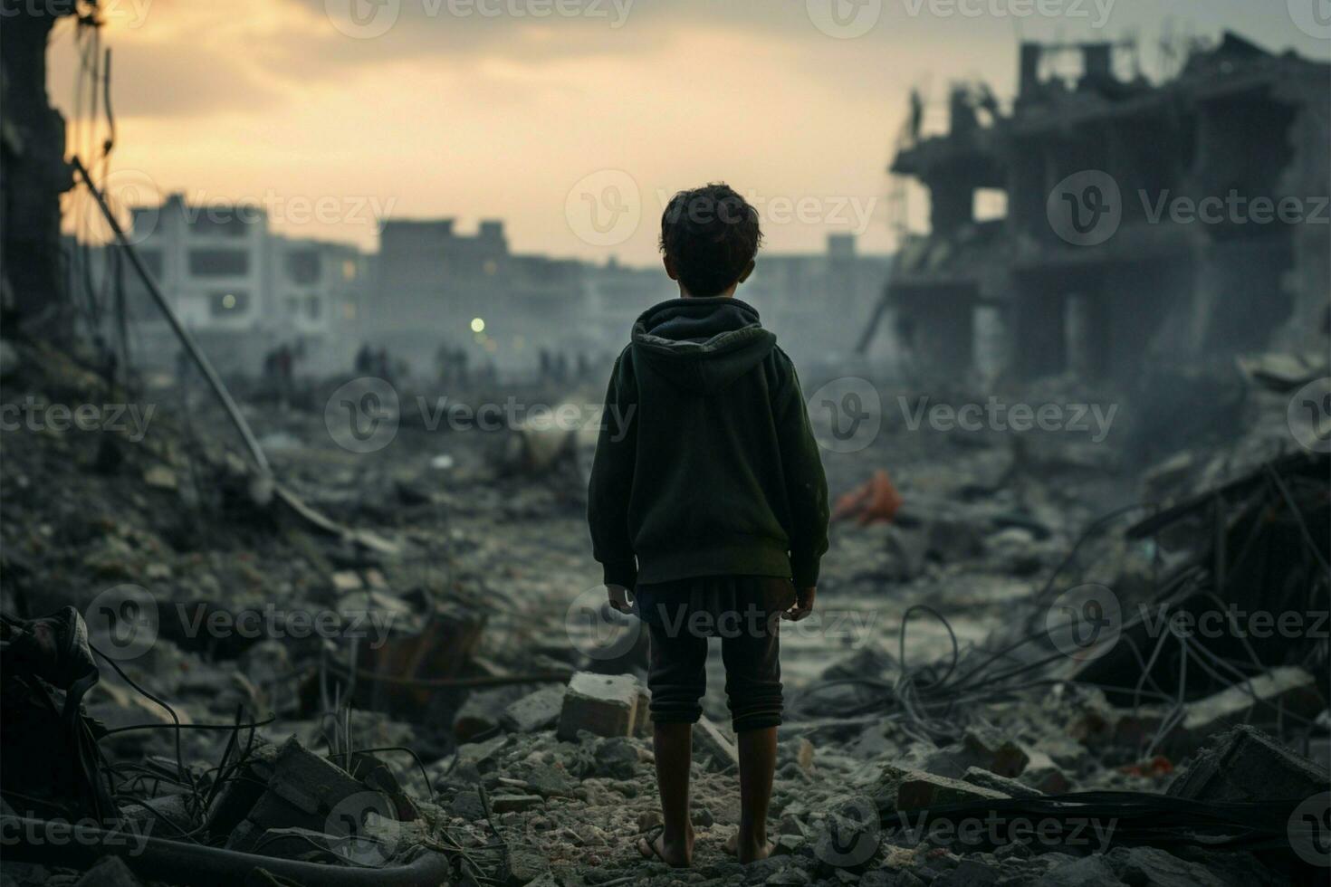 ai généré innocence au milieu de ruines une enfant des stands par une détruit bâtiment photo