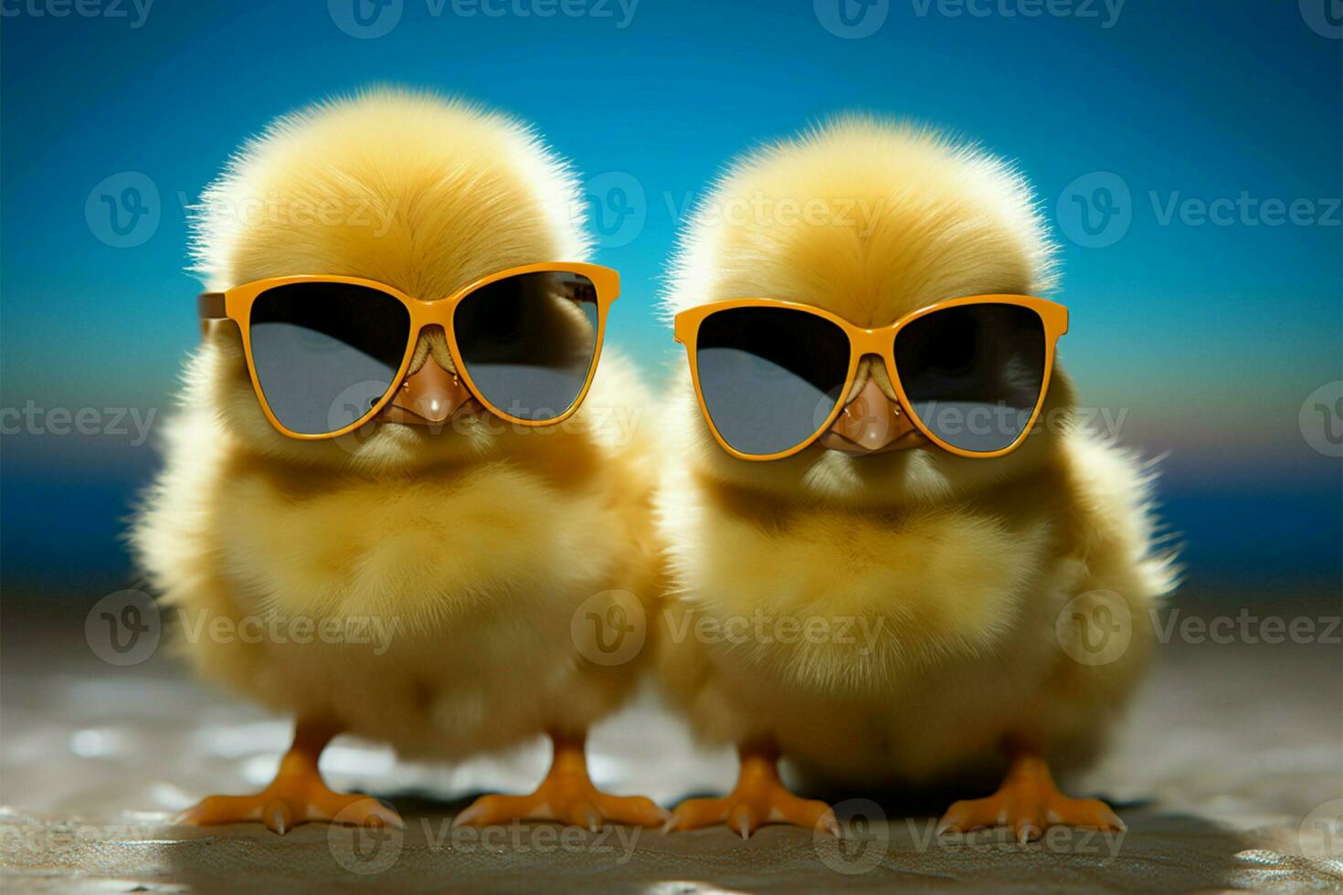 ai généré minuscule avant gardiste poussin avec des lunettes de soleil, content, petit, printemps ferme animal photo