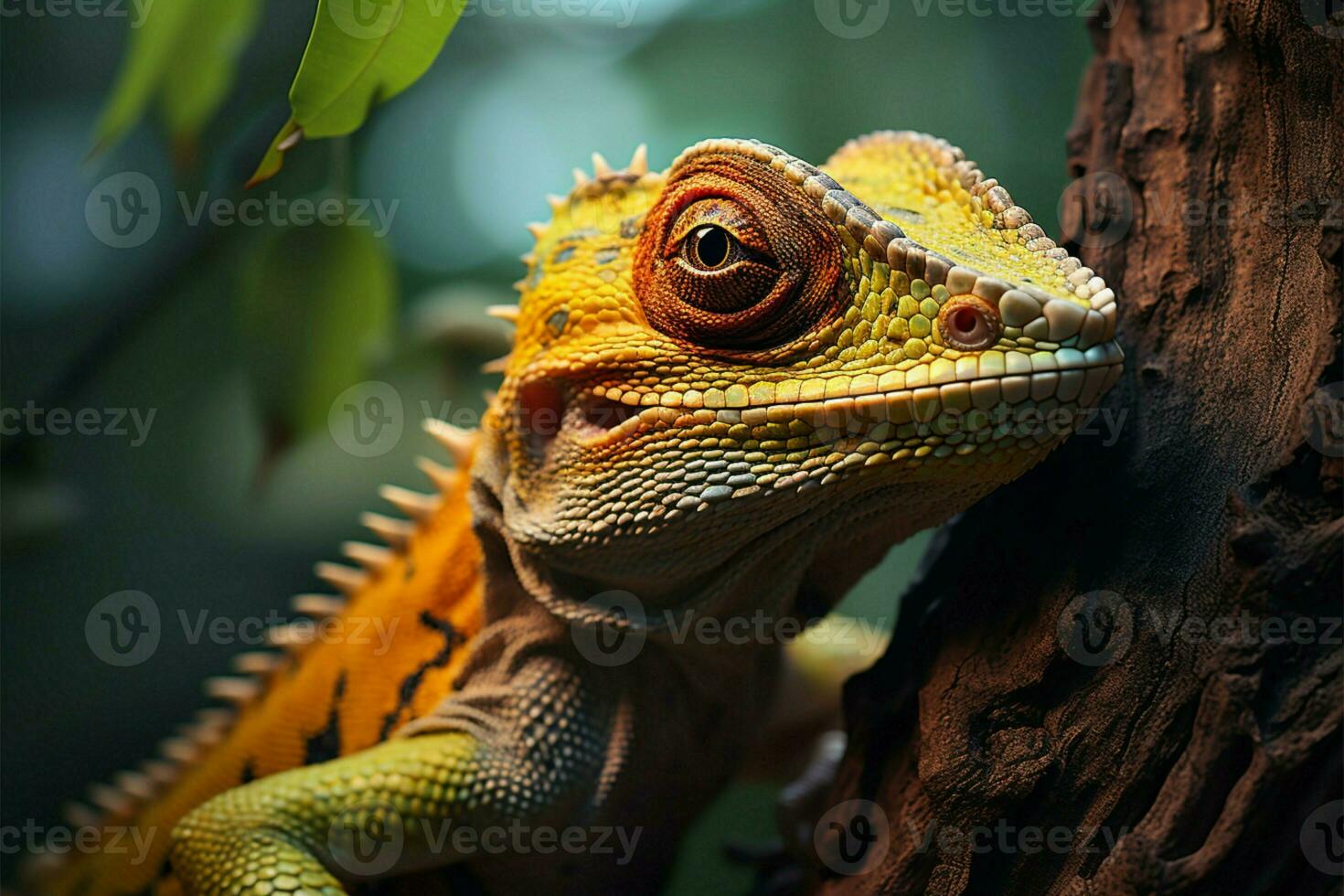 ai généré la nature rencontre reptile proche en haut sur arbre bifurquer, étourdissant Contexte photo