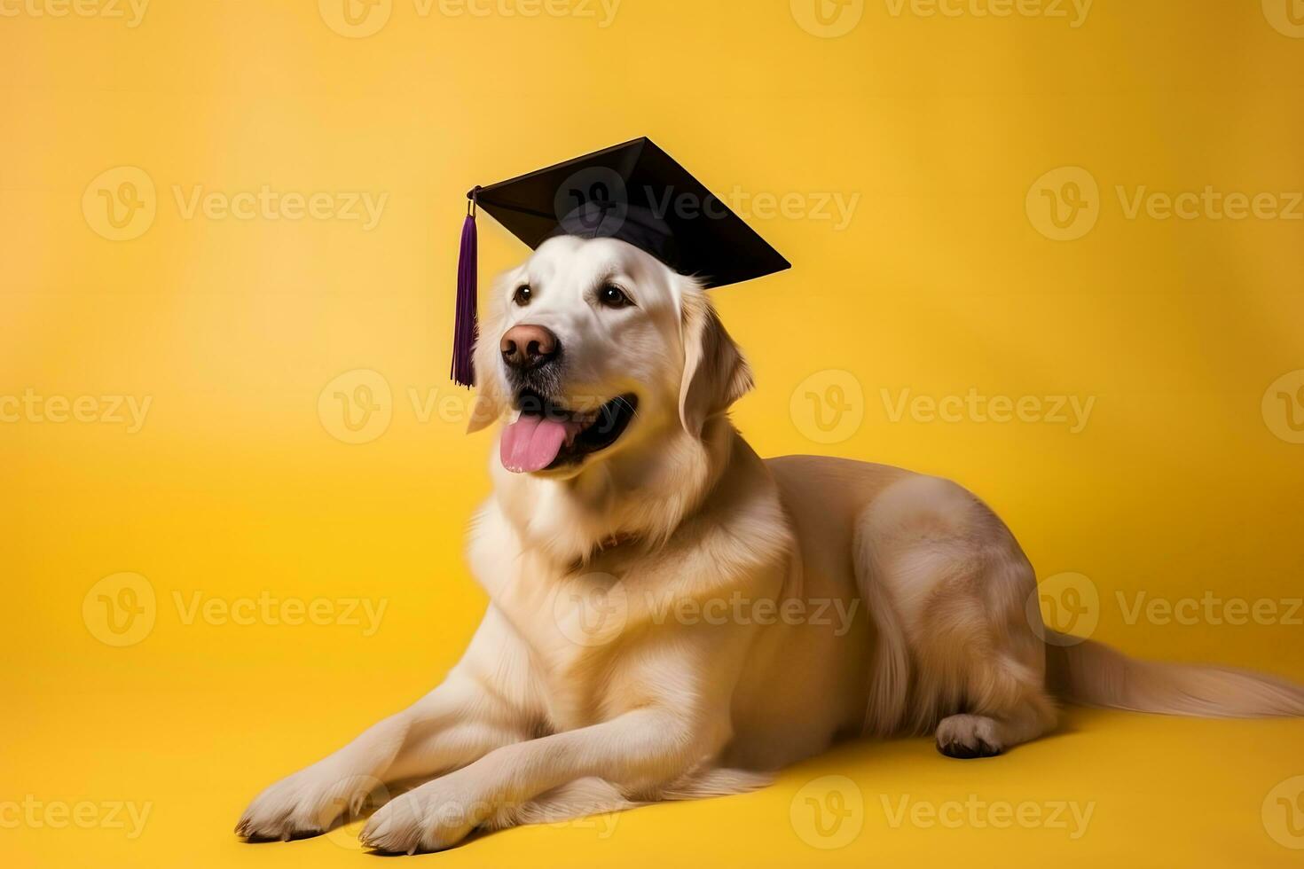 ai généré diplômé chiot chien sur Jaune Contexte. neural réseau ai généré photo