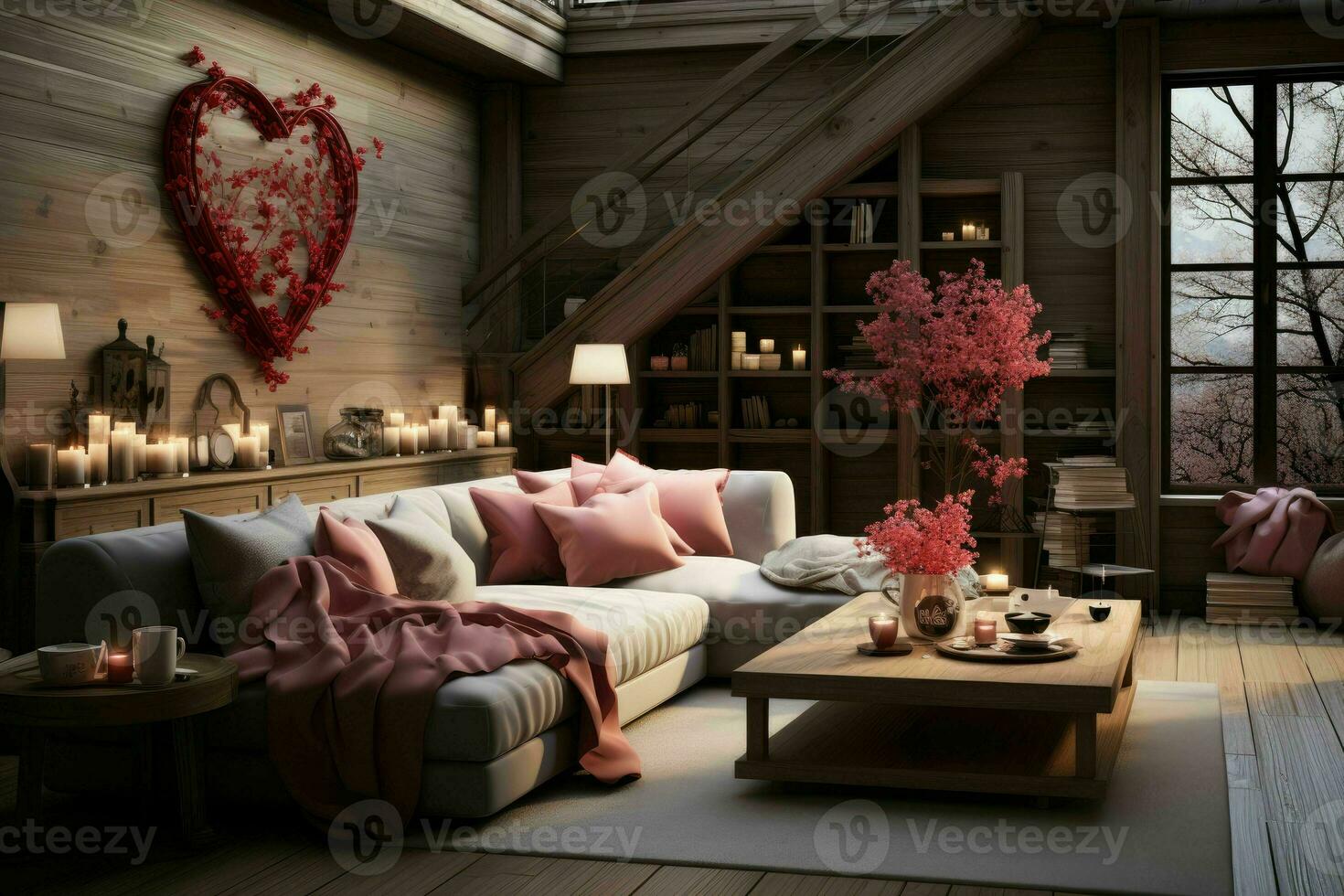 ai généré romantique battre en retraite moderne la Saint-Valentin vivant chambre, moderne vivant pièce décoré pour Valentin photo