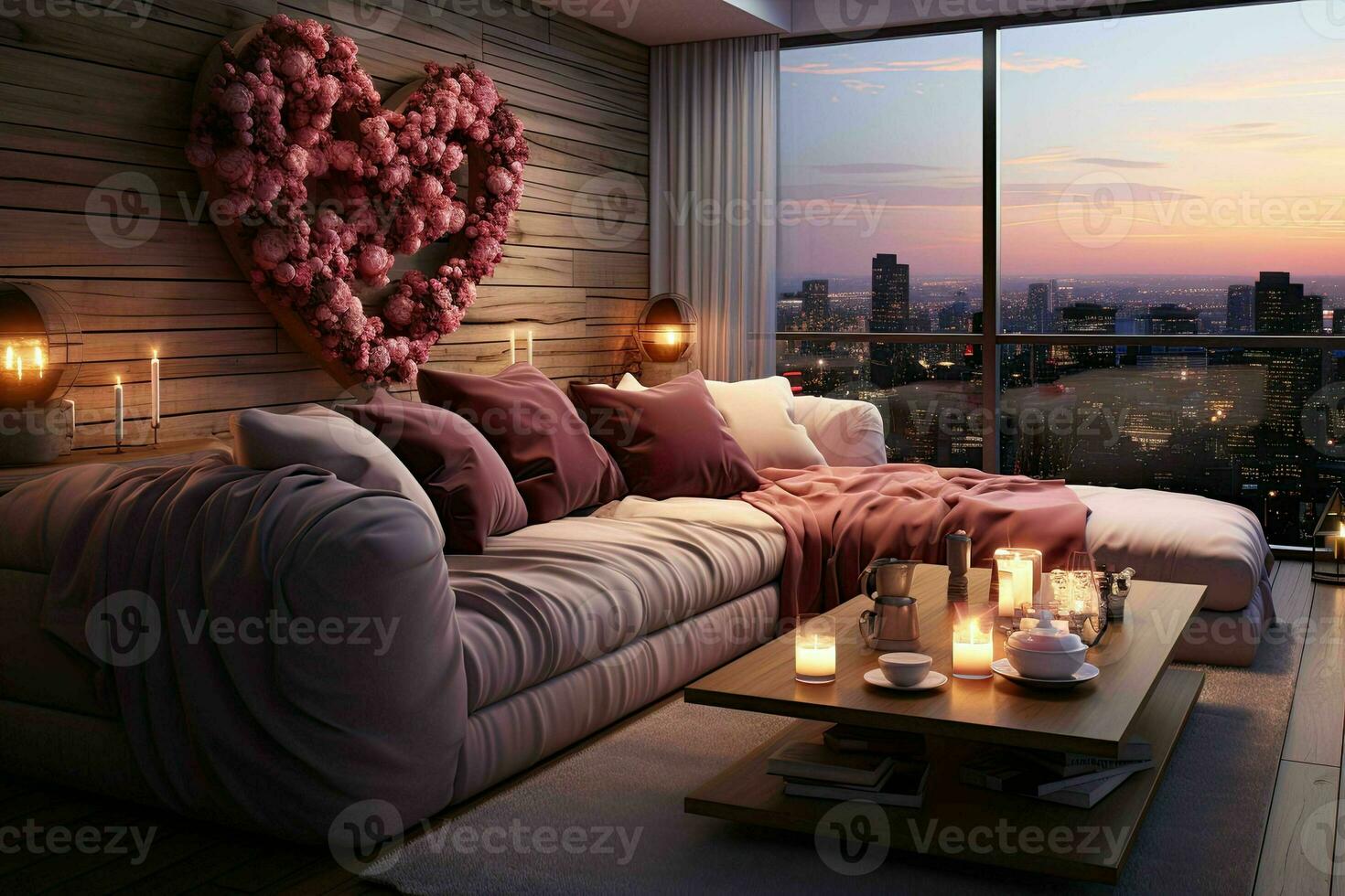 ai généré romantique battre en retraite moderne la Saint-Valentin vivant chambre, moderne vivant pièce décoré pour Valentin photo