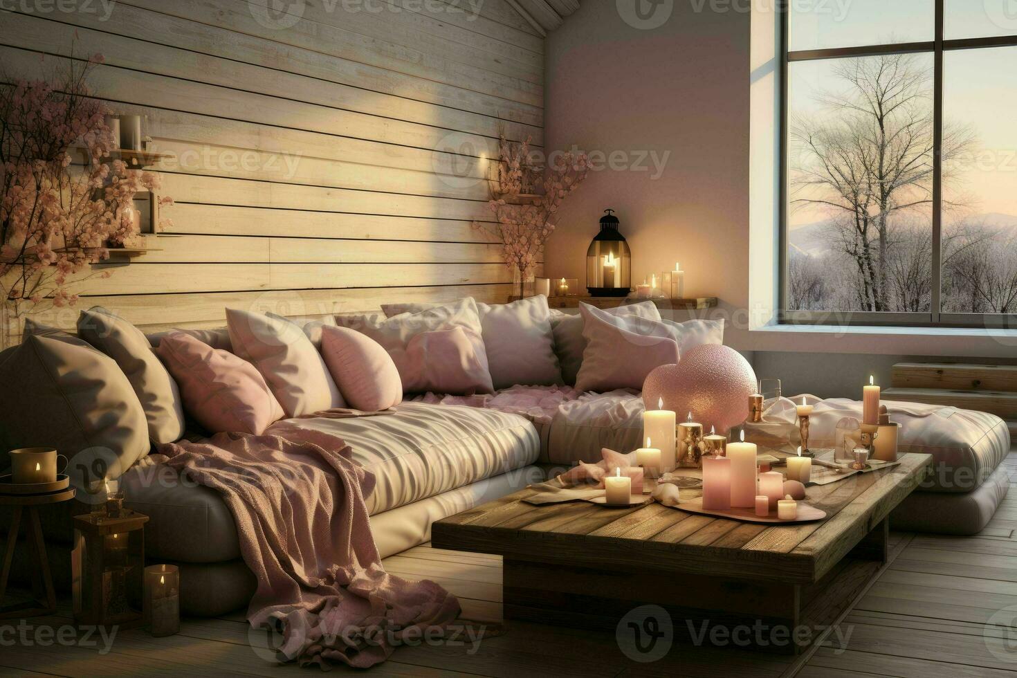 ai généré romantique battre en retraite moderne la Saint-Valentin vivant chambre, moderne vivant pièce décoré pour Valentin photo