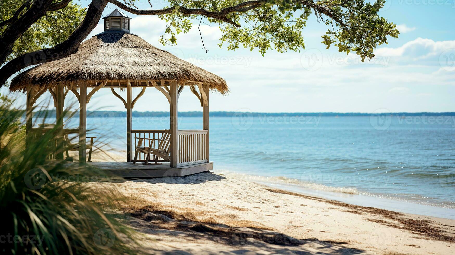 ai généré portrait de belvédère sur le plage avec noix de coco des arbres autour. confortable en bois belvédère sur tropical plage. génératif ai photo