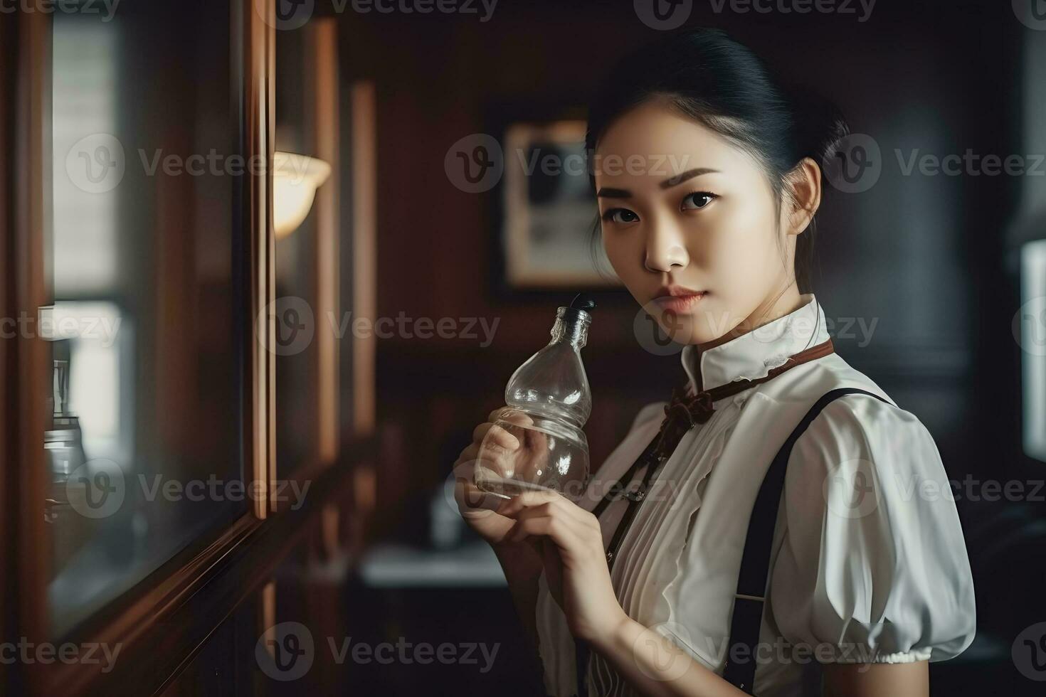 ai généré portrait de fille avec Japonais Femme de ménage costume dans ancien restaurant. neural réseau ai généré photo