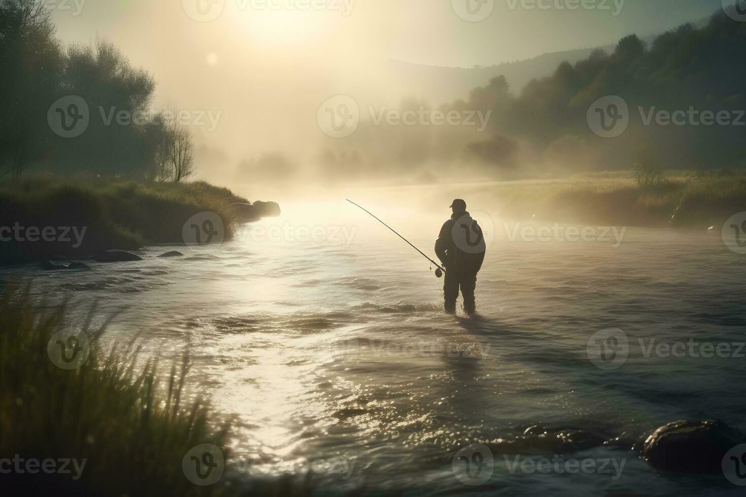 ai généré pêcheur par le Lac à aube. neural réseau ai généré photo