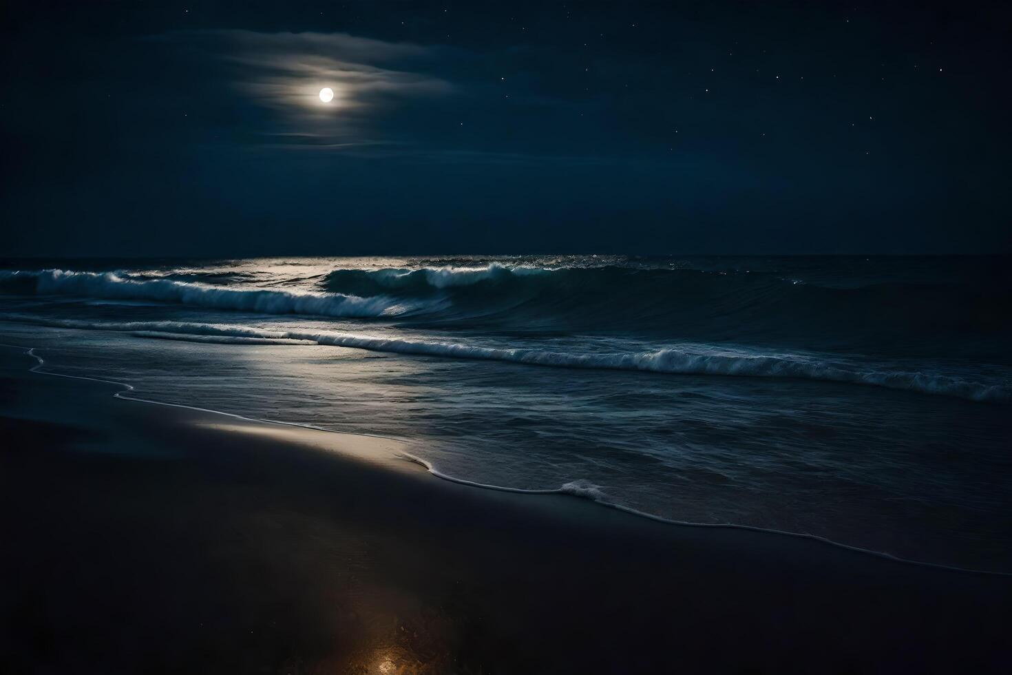 ai généré une plein lune brille plus de le océan à nuit photo